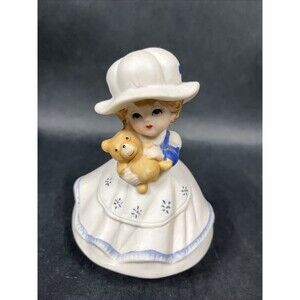 Vintage Rare Girl In Dress With Teddy‎ Bear Musical Box, Turns With Music